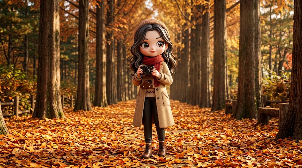 주황빛 낙엽이 깔린 남이섬 나무 사이를 걷는 감성적인 여행자 / An emotional traveler walking between the trees of Nami Island covered in orange fallen leaves.