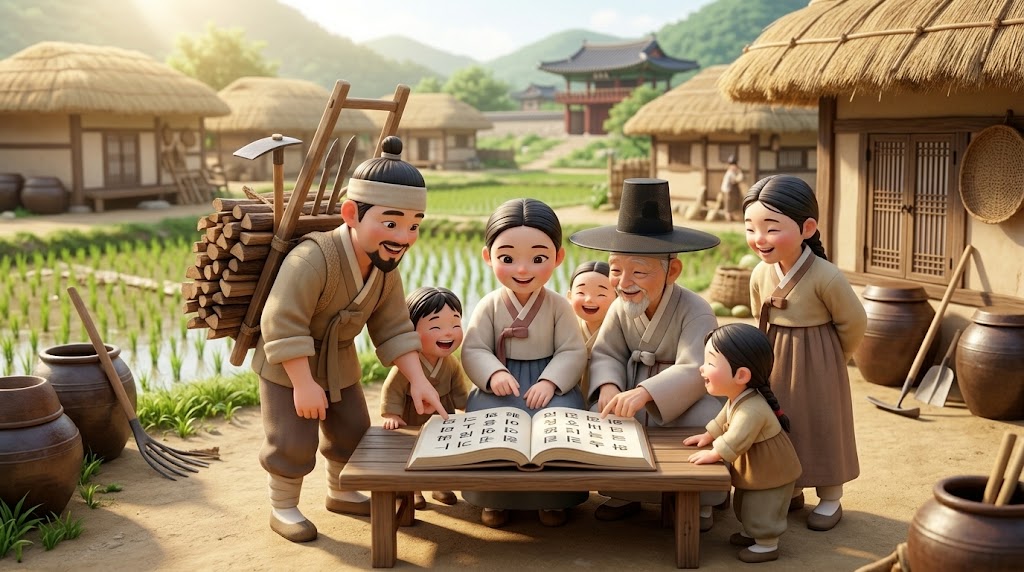 한글로 된 책을 읽으며 기뻐하는 백성들의 모습