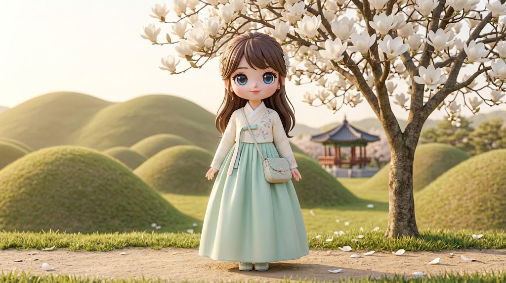 경주 대릉원의 고분과 목련 나무 앞에 서 있는 캐릭터 (A character standing in front of ancient royal tombs and a magnolia tree in Gyeongju)
