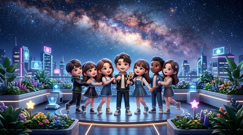  스타와 팬이 깨끗한 미래 도시의 옥상 정원에서 밝은 내일을 약속하며 행복하게 웃는 희망찬 피날레 장면. (A hopeful finale scene where stars and fans smile happily, promising a bright tomorrow against the backdrop of a clean future city.)
