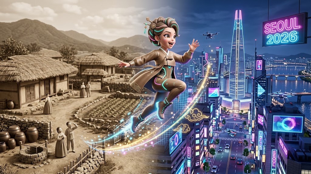 흑백의 옛날 풍경과 화려한 현대 도시가 교차하는 배경 속에서 시간을 뚫고 도약하는 수집용 캐릭터 이미지. (A collectible character leaping through time, with a backdrop of overlapping black-and-white past and colorful modern cityscapes.)
