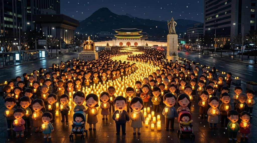 2016년 밤을 밝히는 수만 개의 촛불과 평화로운 시위 현장 (Tens of thousands of candles lighting up the night and a peaceful protest scene in 2016)