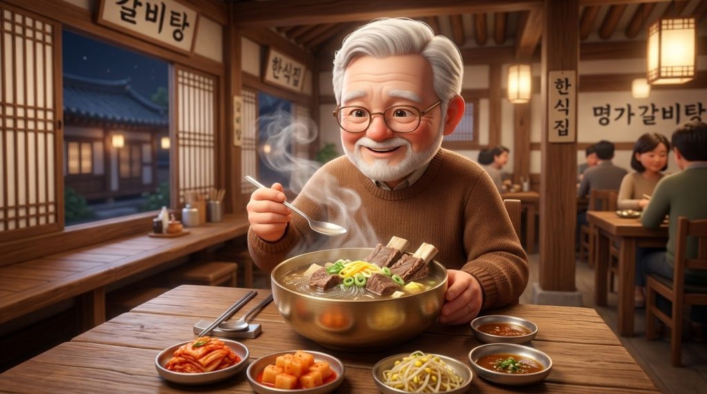 김이 가득한 뚝배기에 담긴 갈비탕을 보며 행복해하는 중년의 외국인 관광객 / An older international Chibi tourist looking happy with a steaming pot of Galbitang