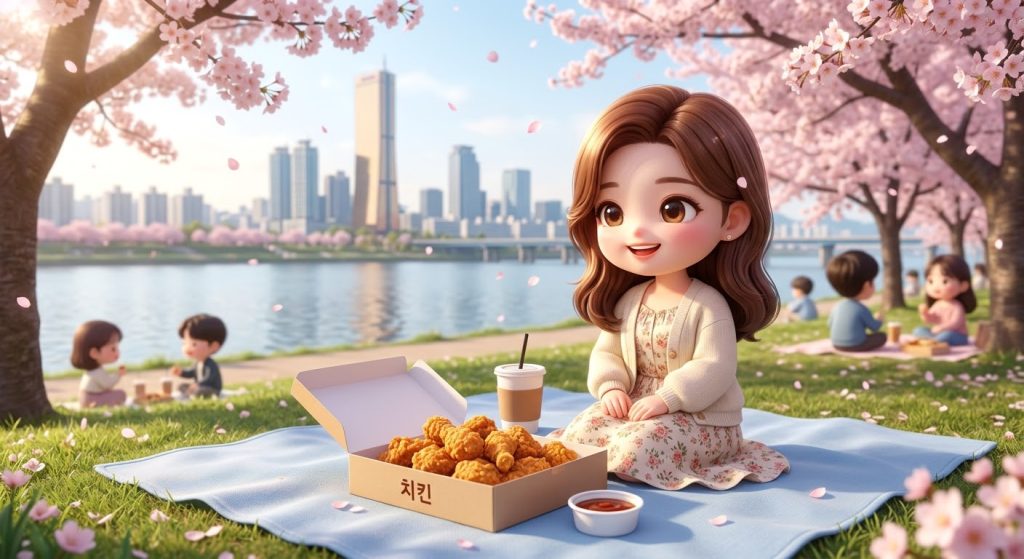 한국 봄 피크닉: 한강변에서 즐기는 치킨과 봄바람
Chibi enjoying a Han River picnic with fried chicken and cherry blossoms
