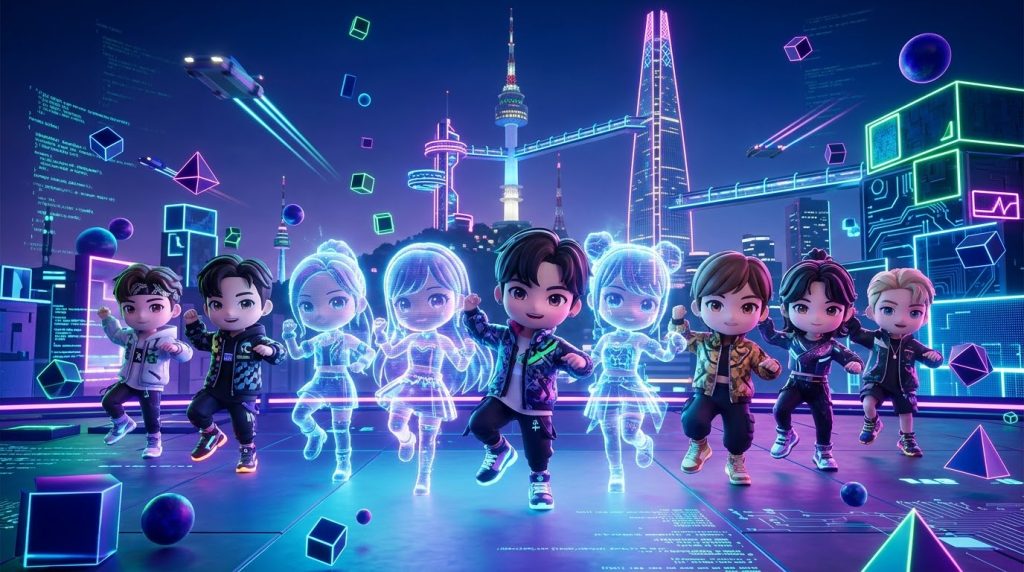 메타버스 공간에서 가상 아이돌과 함께 춤추는 3D 치비 캐릭터들 (3D chibi characters dancing with virtual idols in a metaverse space)