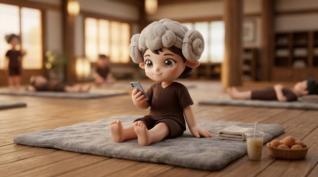 양머리를 하고 편안하게 스마트폰을 보고 있는 캐릭터. 