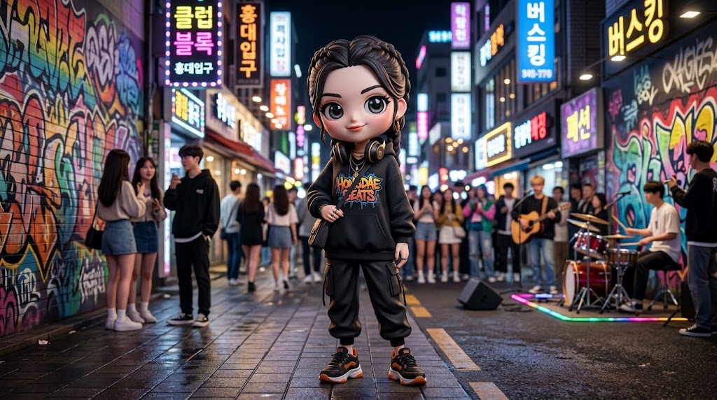 홍대 거리에서 버스킹 공연을 즐겁게 관람하는 캐릭터