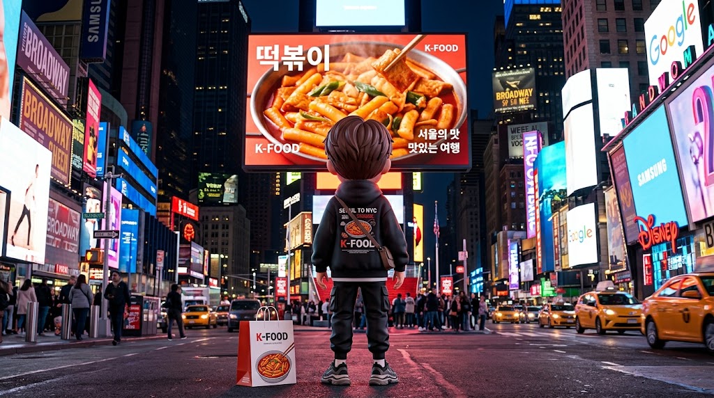  뉴욕 타임스퀘어 전광판에 비친 떡볶이 광고를 흐뭇하게 바라보는 캐릭터