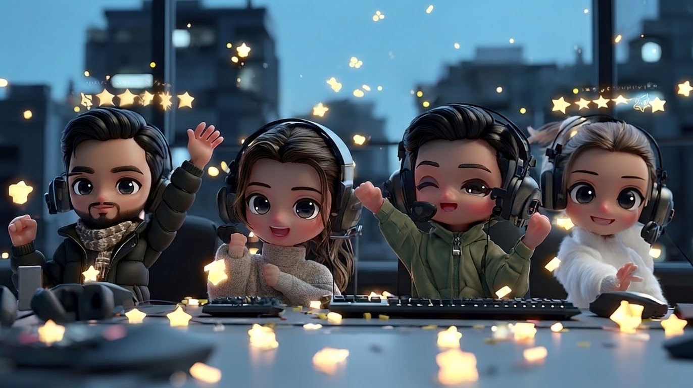 친구들과 함께 팀플레이를 즐기며 승리를 자축하는 행복한 게이머들 (Friends celebrating victory while enjoying team play together in a PC Bang)
