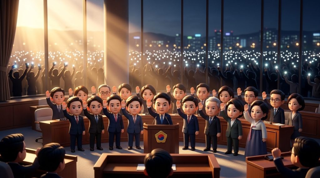 국회 본회의장에서 민주주의를 수호하기 위해 손을 맞잡은 국회의원들과 밖에서 응원하는 시민들 (Lawmakers joining hands to protect democracy in the National Assembly Hall and citizens cheering outside)