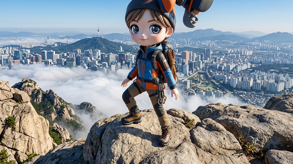 북한산 백운대 바위 위에서 서울의 스카이라인을 조망하는 3D  캐릭터