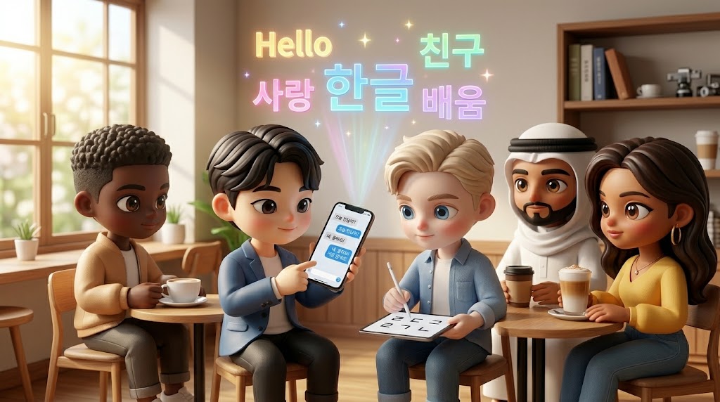 디지털 기기를 사용하여 한글을 배우고 소통하는 다양한 인종의 사람들