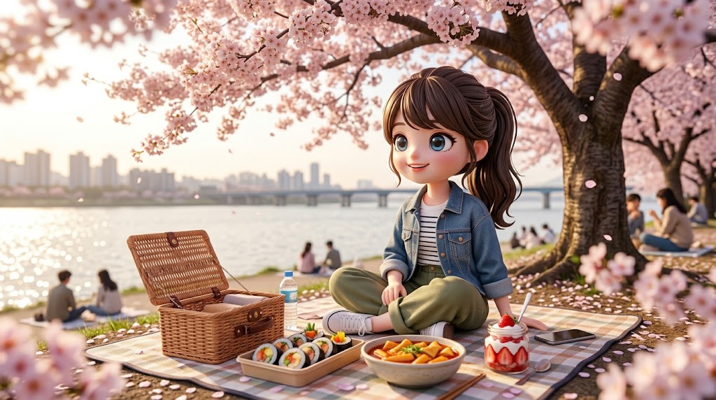 벚꽃 나무 아래서 한국식 소풍 도시락을 즐기는 캐릭터 (A character enjoying a Korean picnic lunchbox under a cherry blossom tree)
