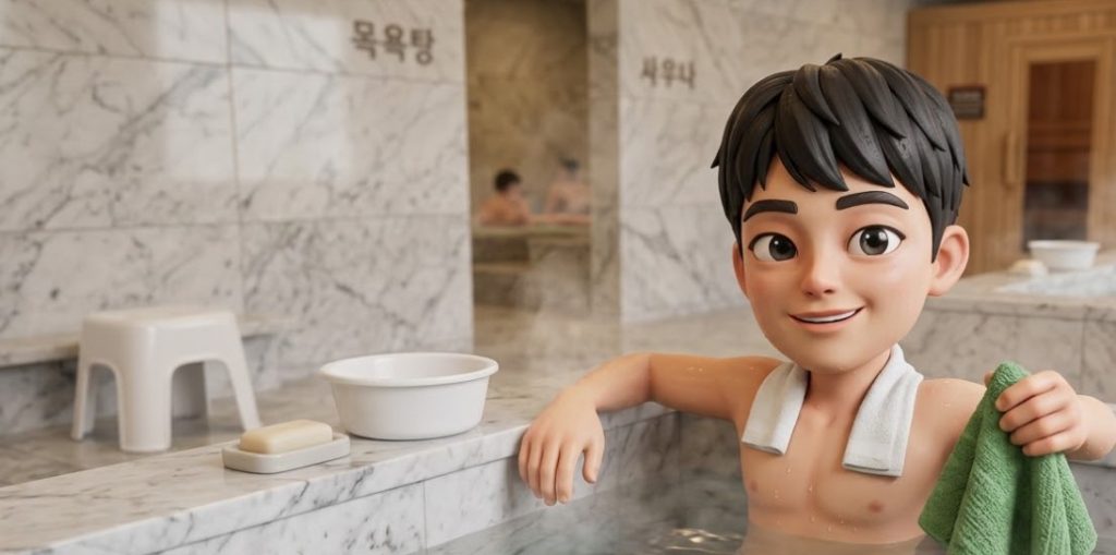 깨끗한 목욕탕 탕 옆에서 이태리 타월을 들고 있는 캐릭터. (a  character holding a green exfoliating towel (Italy towel) near a clean public bath.)
