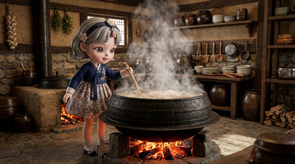 전통 가마솥에서 진한 국물이 끓고 있는 모습을 지켜보는 캐릭터 / A trendy 3D collectible character watching a huge traditional Korean iron cauldron (Gamasot) simmering with rich bone broth.