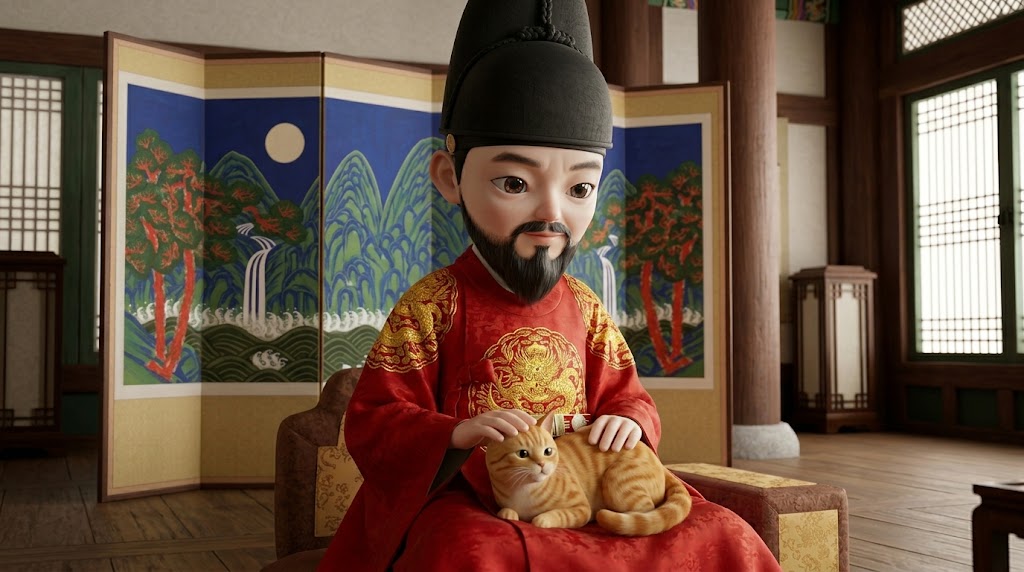 조선 시대 왕과 황금색 고양이의 다정한 모습