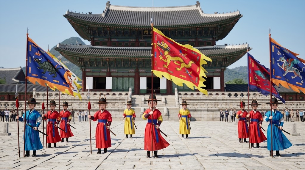 A group of guards in colorful red and blue traditional military uniforms marching with tall banners