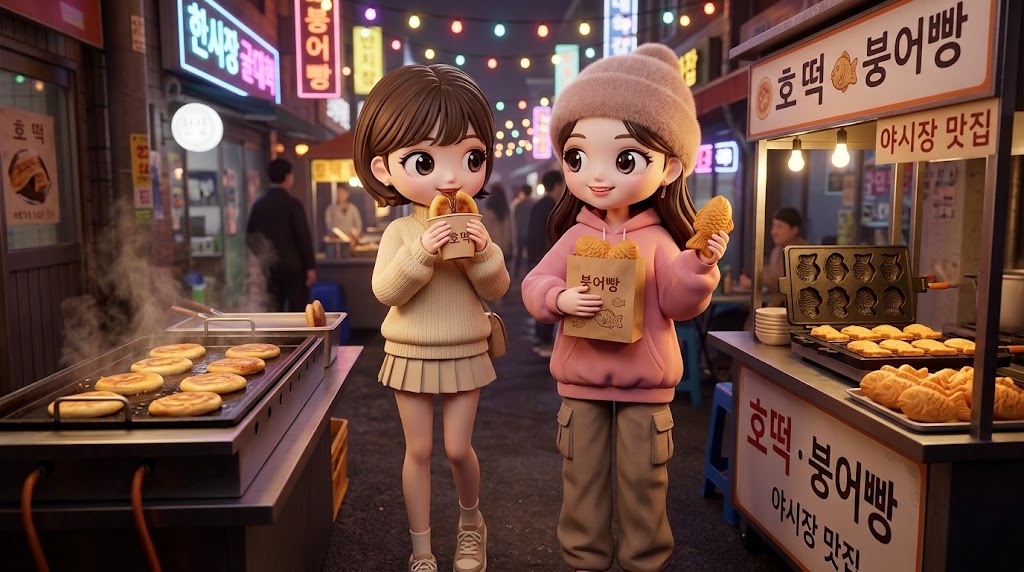 한국의 밤 시간대, 활기찬 야시장을 배경으로 세련된 캐릭터들이 달콤한 호떡과 붕어빵을 즐기고 있는 모습