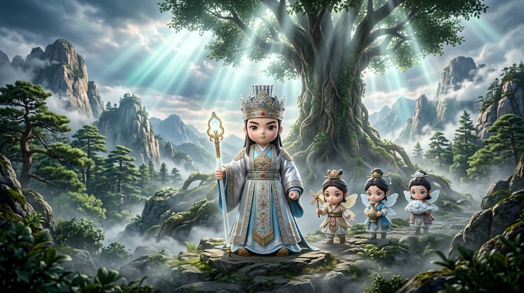 태백산 신단수 아래로 3,000명의 무리와 함께 내려오는 환웅의 장엄한 모습 / Hwanung descending to Mount Taebaek with 3,000 followers.