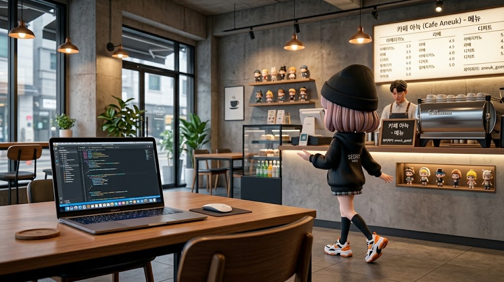 카페 테이블에 노트북과 가방을 두고 안심하며 자리를 비운 캐릭터의 뒷모습 (A character leaving a laptop and bag on a cafe table and walking away with peace of mind)