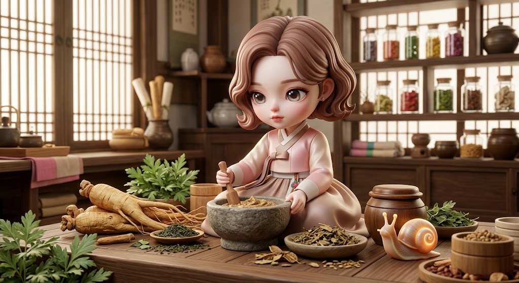 K-뷰티의 자연 유래 성분 비밀을 시각화한, 인삼과 쑥 등 한방 성분 옆에 선 3D 수집용 캐릭터 이미지. (A 3D collectible character image standing next to Hanbang ingredients like ginseng and Artemisia, visualizing the secret of K-Beauty's natural ingredients.)