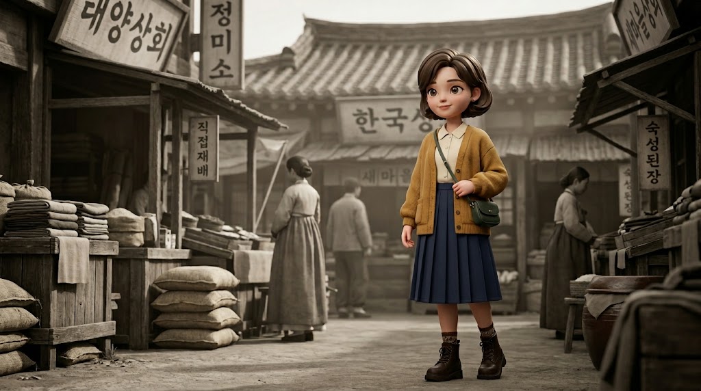 1950년대 한국의 시장 골목을 배경으로 한 고퀄리티 3D 캐릭터 이미지