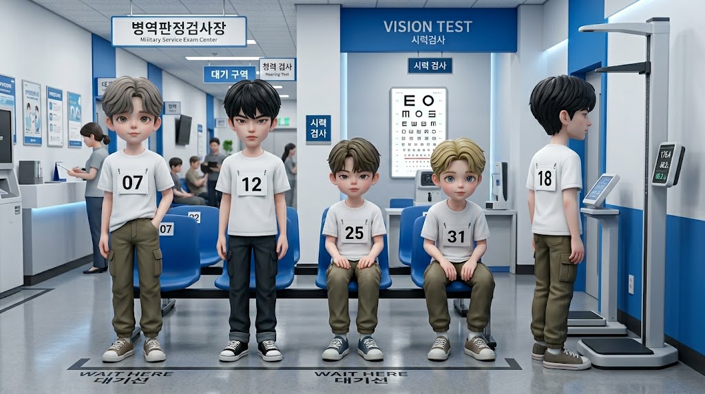  병원 같은 실내 환경에서 흰색 티셔츠와 반바지를 입은 청년 캐릭터들이 차례를 기다리며 의자에 앉아 있는 모습, 주변에는 의료 장비와 신체 검사 기구들이 배치된 고해상도 3D 이미지
