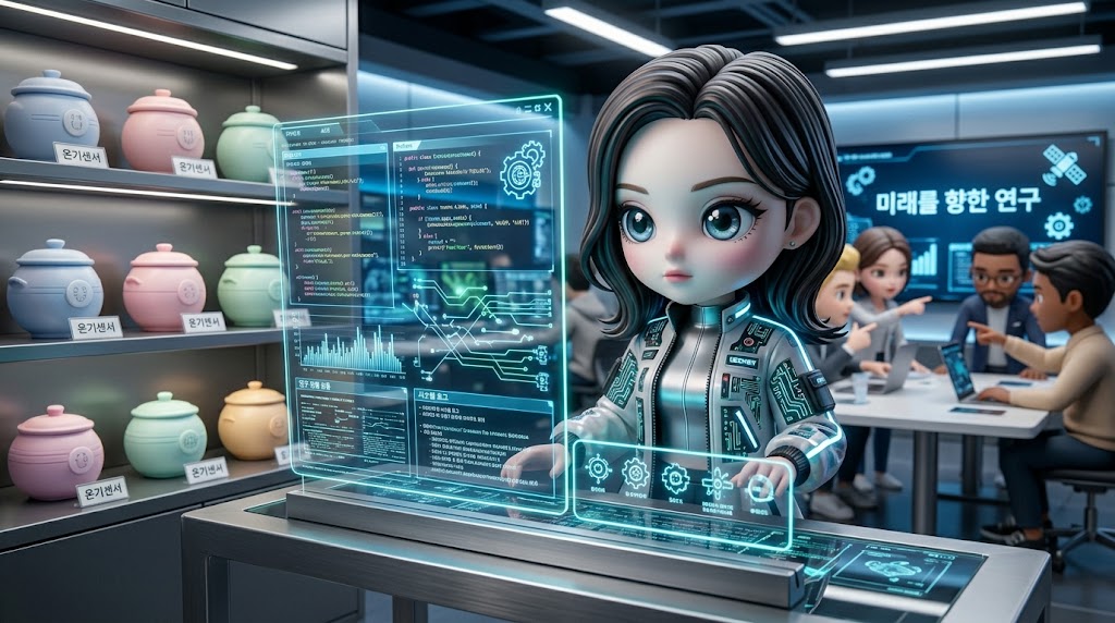  vibrant character intensely focused on a transparent holographic screen projecting complex, flashing data streams and network connection lines, symbolizing dynamic R&D, illustrative style