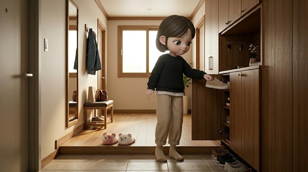 한국식 현관에서 신발을 정리하는 캐릭터 이미지
