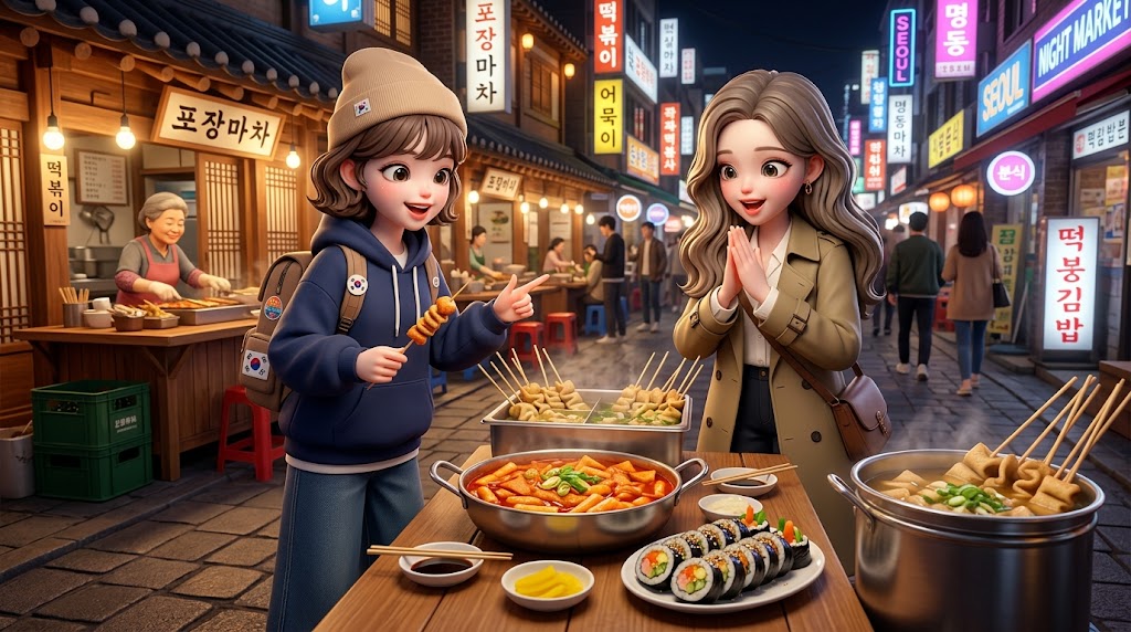 한국의 밤 거리에서 활기찬 포장마차를 배경으로, 세련된 인형 형태의 캐릭터들이 떡볶이와 어묵을 즐기고 있는 모습.
