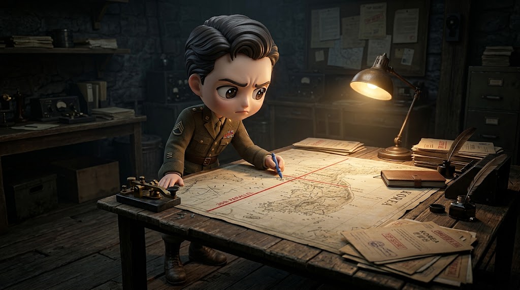 어두운 방 안, 큰 지도 위 38선에 손을 올리고 고민하는 장교 피규어. [English: A military officer figure contemplating with his hand on the 38th parallel on a large map in a dim room.]
