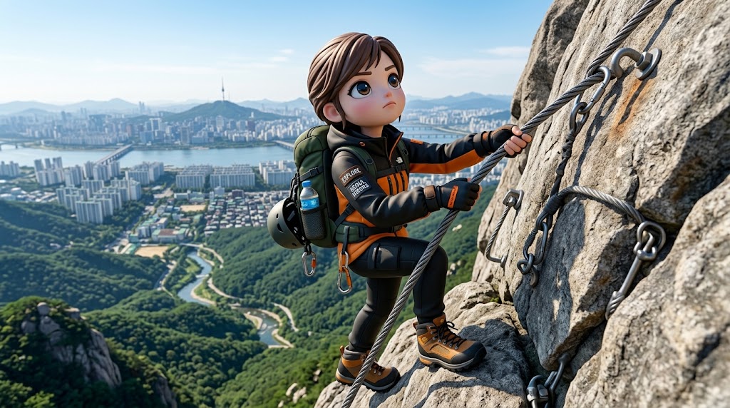 북한산 백운대 바위 절벽에서 쇠줄을 잡고 오르는 역동적인 모습. (Dynamic figure climbing a steep granite cliff at Bukhansan Baegundae. KOR/ENG)