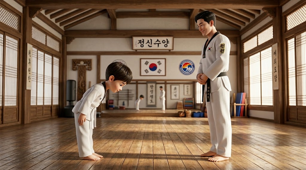 부드러운 목재 바닥이 깔린 도장 배경. 흰 도복을 입은 어린 소년이 검은 띠를 맨 사범님 앞에서 공손하게 인사하는 장면