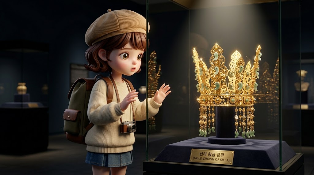 박물관 전시실 내부, 황금 금관과 여행자