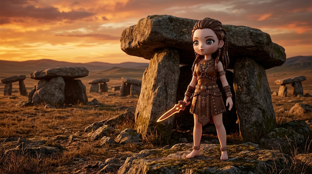 안개 낀 고대 숲에서 빛나는 청동 검과 거울을 든 고대 복장의 귀여운 캐릭터