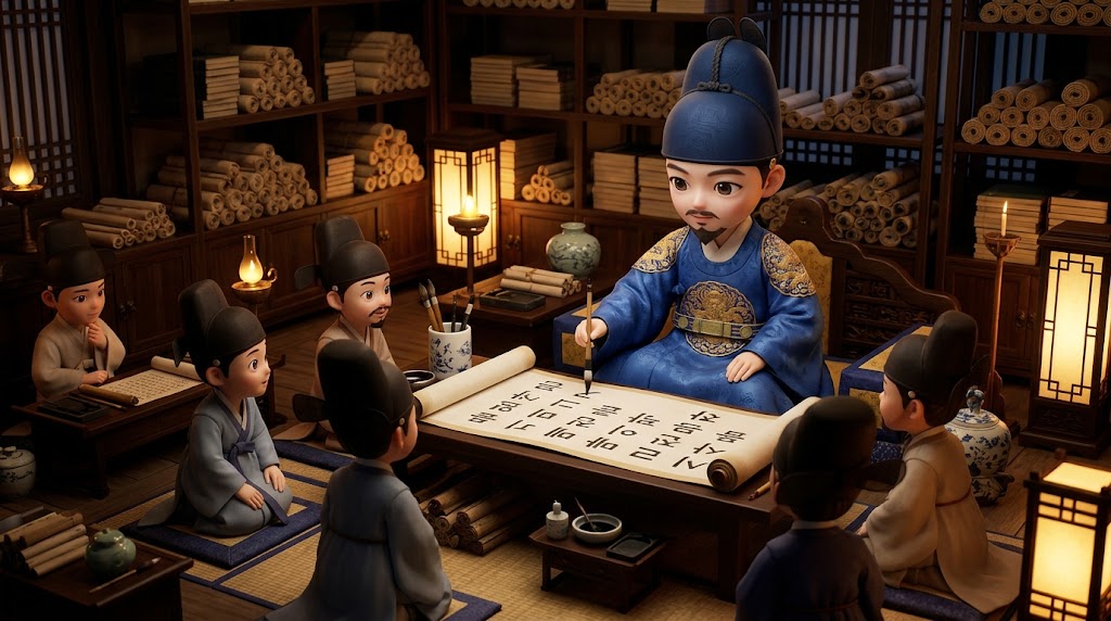 밤늦도록 학자들과 토론하며 지혜를 나누는 세종대왕 (King Sejong discussing and sharing wisdom with scholars late into the night)
