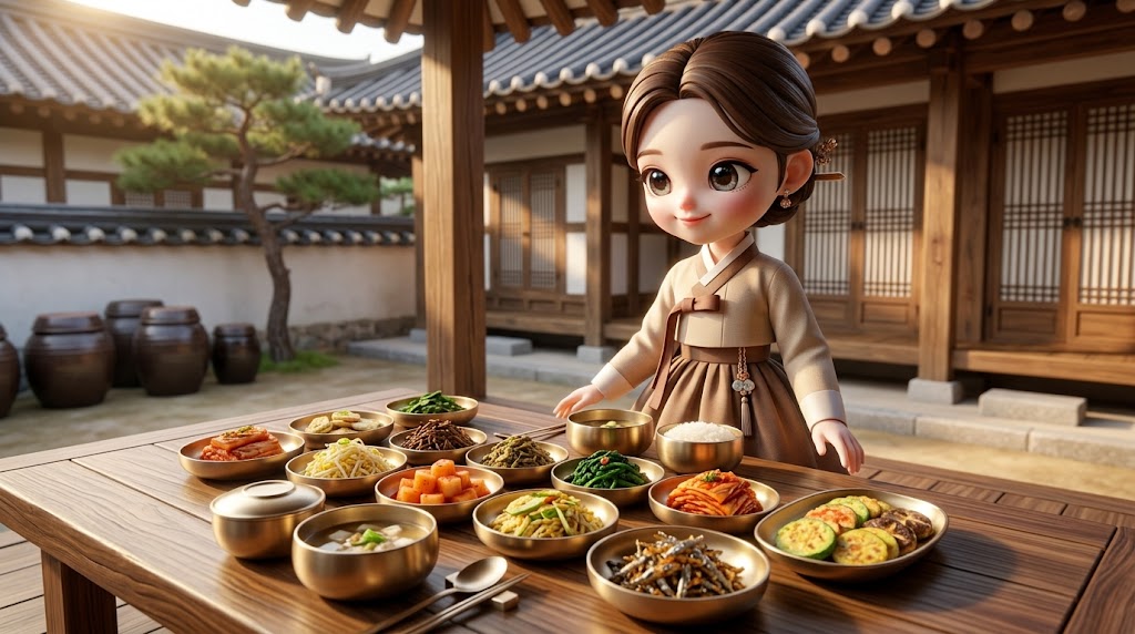 한국 전통 한옥 마당의 따뜻한 분위기. 나무 테이블 위에 김치, 나물, 전 등 다양한 반찬이 담긴 전통 놋그릇들이 정갈하게 차려져 있음. 캐릭터가 한복 스타일의 현대적인 옷을 입고 상차림을 흐뭇하게 바라보는 모습
