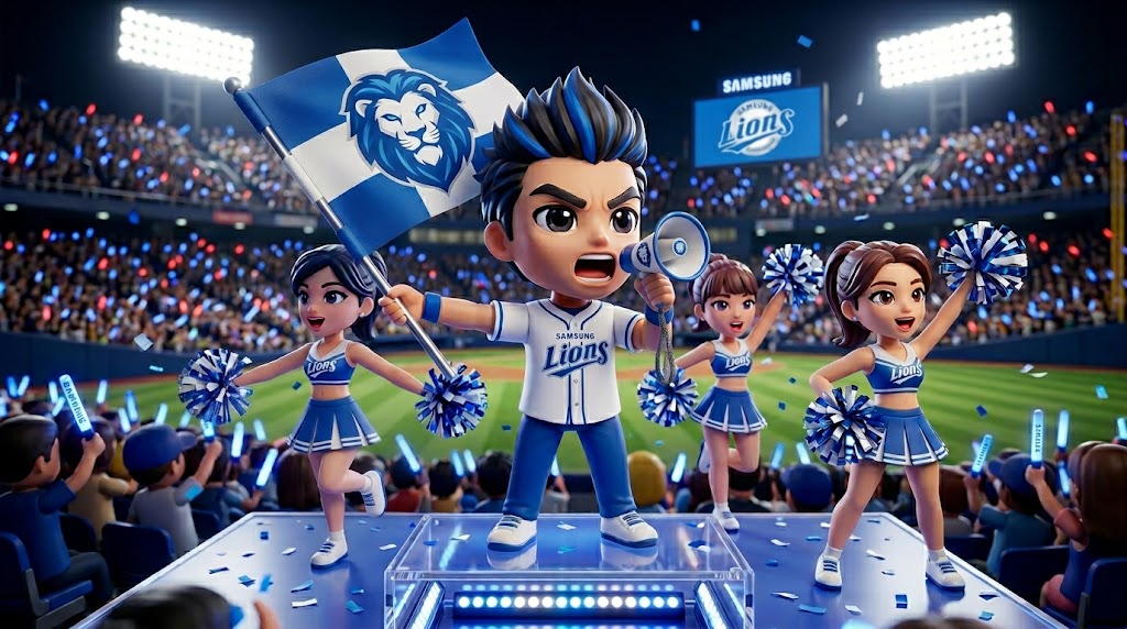 야구장 응원 단상에서 메가폰과 깃발로 열정적으로 응원을 주도하는 응원단장과 치어리더 (A central Cheer Captain leading a passionate cheer with a megaphone and dynamic flag on a stadium stage.)
