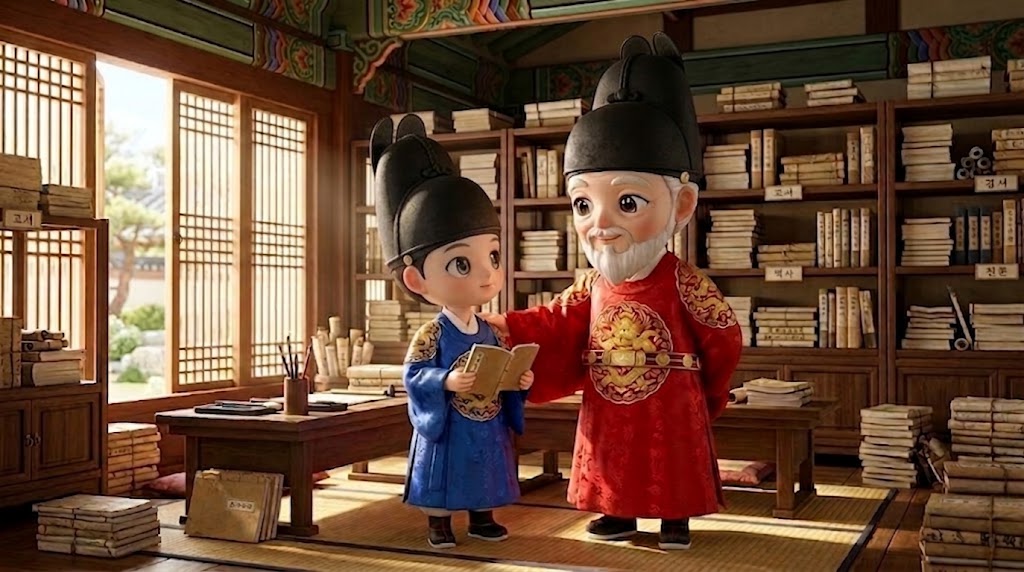 한복을 입은 어린 세자와 인자한 모습의 할아버지가 고문서를 함께 읽고 있는 훈훈한 장면 (A heartwarming scene of a young prince and his benevolent grandfather reading ancient scrolls together.)
