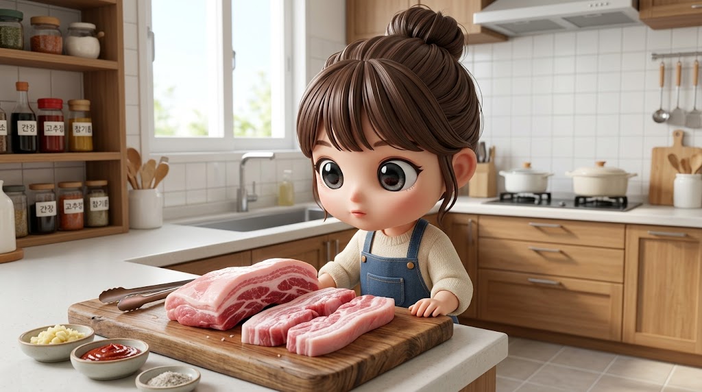 신선한 선홍빛 삼겹살이 도마 위에 정갈하게 놓여 있는 모습 / Freshly sliced premium pork belly layers on a wooden board