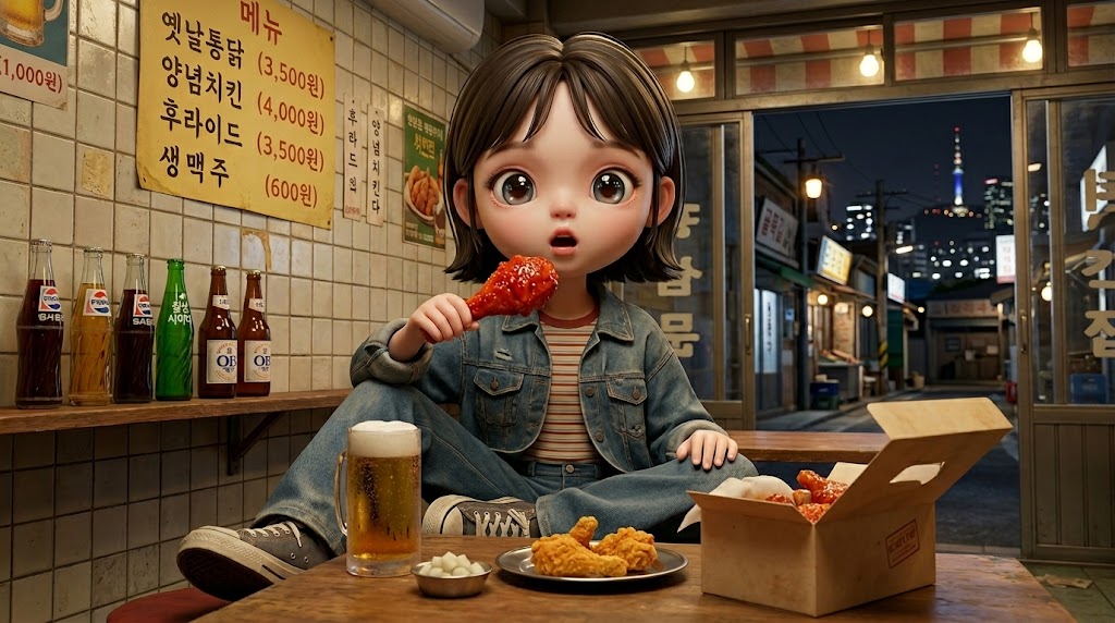 80년대 복고풍 한국 치킨집에서 양념치킨을 처음 맛보는 아이 (A child tasting seasoned chicken for the first time in a retro 80s Korean chicken shop)
