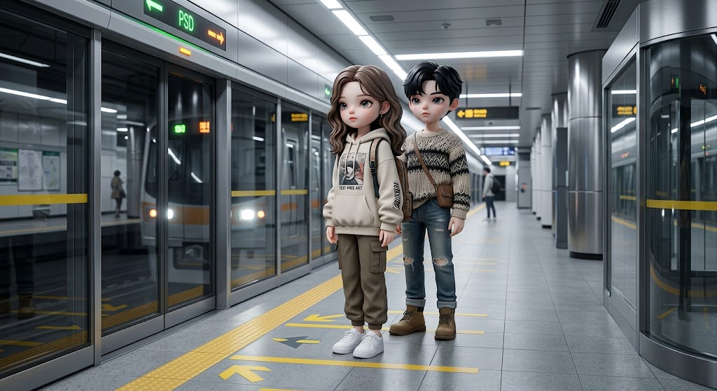 스크린도어 앞 대기 선에 맞춰 정확하게 줄을 서서 열차를 기다리는 캐릭터들. Characters standing in a precise line behind the waiting line in front of the screen doors.
