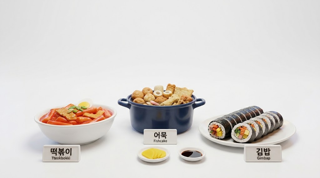 떡복이, 어묵, 김밥이 테이블위에 놓여있다