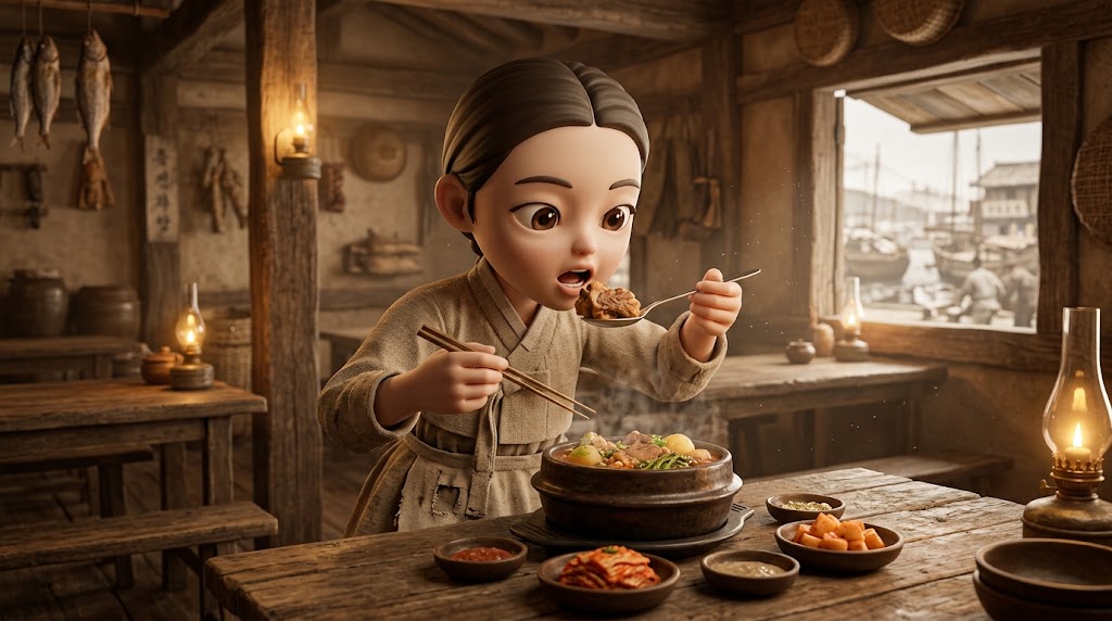 따뜻하고 향수 어린 조명 아래, 전통 한국 뚝배기에 담긴 뼈해장국을 맛있게 먹고 있는 치비 피규어 캐릭터. A charming figure character eating pork backbone stew heartily from a traditional Korean earthenware pot under warm, nostalgic lighting.
