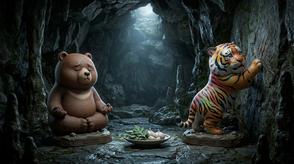 어두운 동굴 안에서 쑥과 마늘을 먹으며 인내의 시간을 보내는 곰과 괴로워하는 호랑이 / A bear enduring the trial in a cave while a tiger struggles.