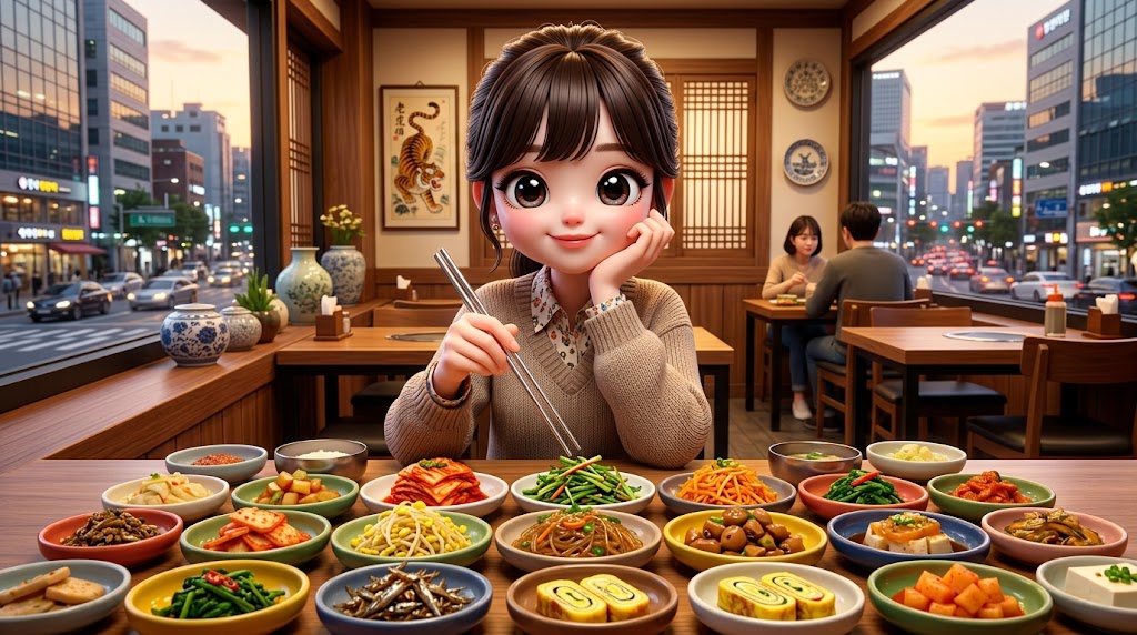 다채로운 색감의 한국 식당 반찬 상차림 / A vibrant table set with various Korean side dishes, Banchan.