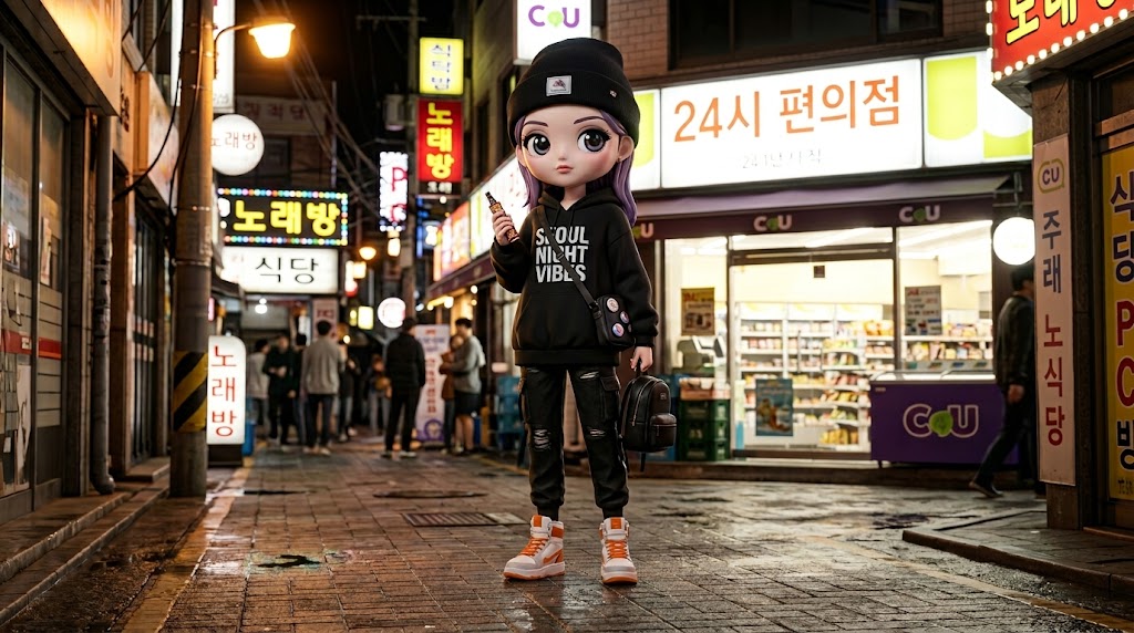 밤늦은 시간, 밝은 가로등 아래를 평화롭게 걷고 있는 캐릭터 (A character walking peacefully under bright streetlights late at night)
