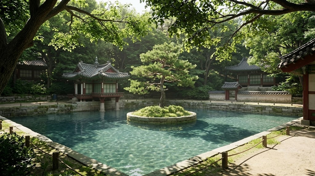 A serene traditional pavilion by a calm square pond surrounded by lush green trees and flowers