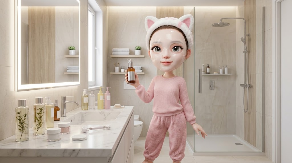 한국 여성들의 꿀피부 비결을 시각화한, 마스크팩을 붙이고 스킨케어 제품에 둘러싸인 3D 수집용 캐릭터 이미지. (A 3D collectible character image visualizing Korean women's secret to honey skin, wearing a sheet mask and surrounded by skincare products.)