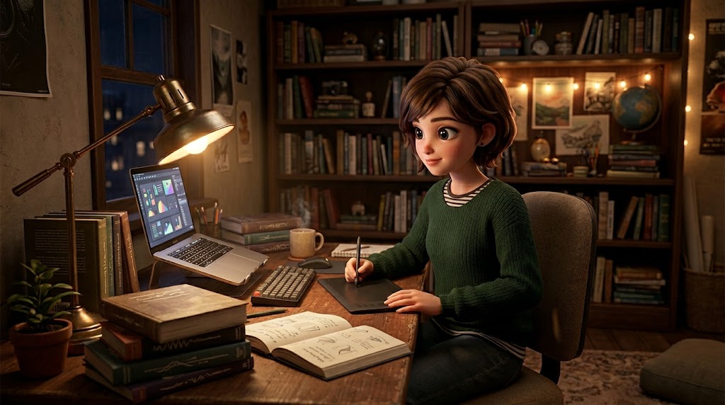 밤늦게까지 공부하는 열정적인 3D 캐릭터와 따뜻한 조명이 흐르는 방 안 풍경